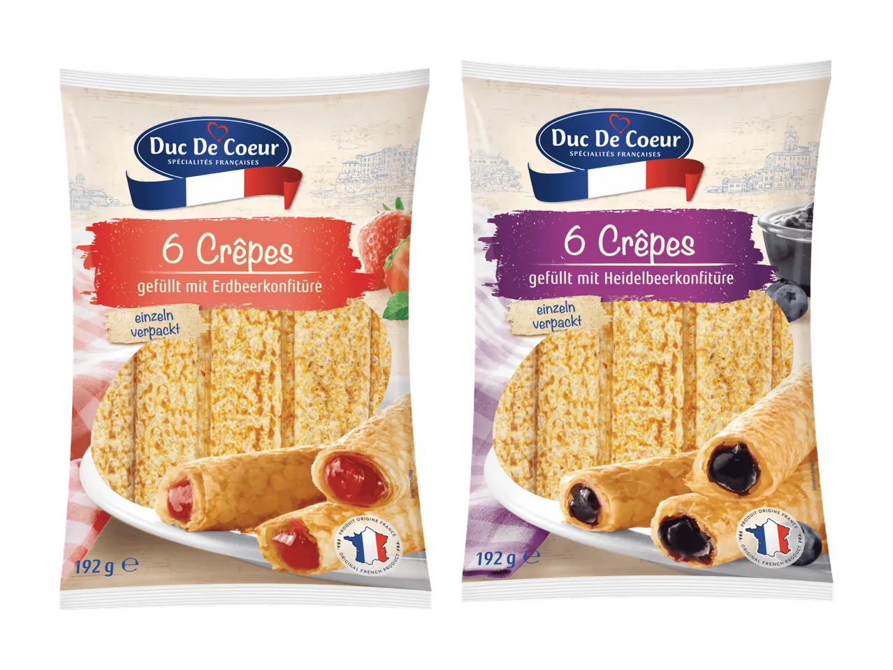 Due confezioni di crêpes Duc De Coeur, una alla fragola e una al mirtillo.