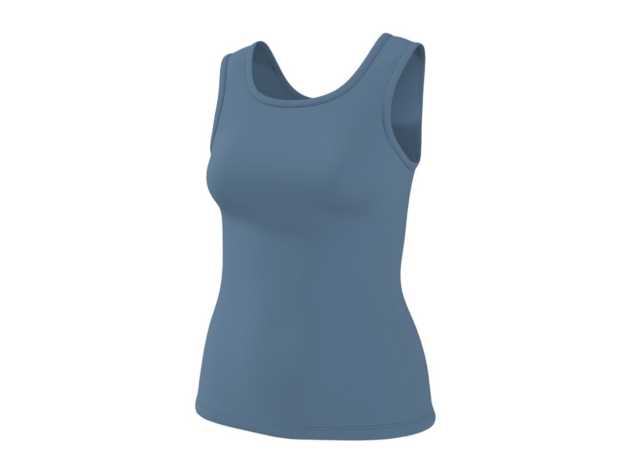 Close-up of a blue ribbed tank top for women, featuring a scoop neck and fitted silhouette.