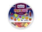 Round container of fruit and cola flavored gummy candies, with various fruit illustrations.