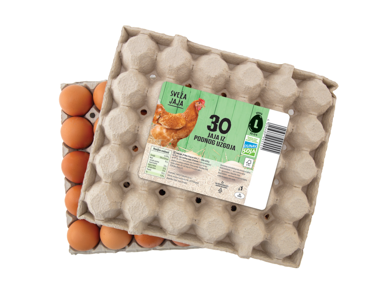 Dve kartonske kutije sa 30 svežih jaja iz podnog uzgoja, sa etiketom Dunav Soja.