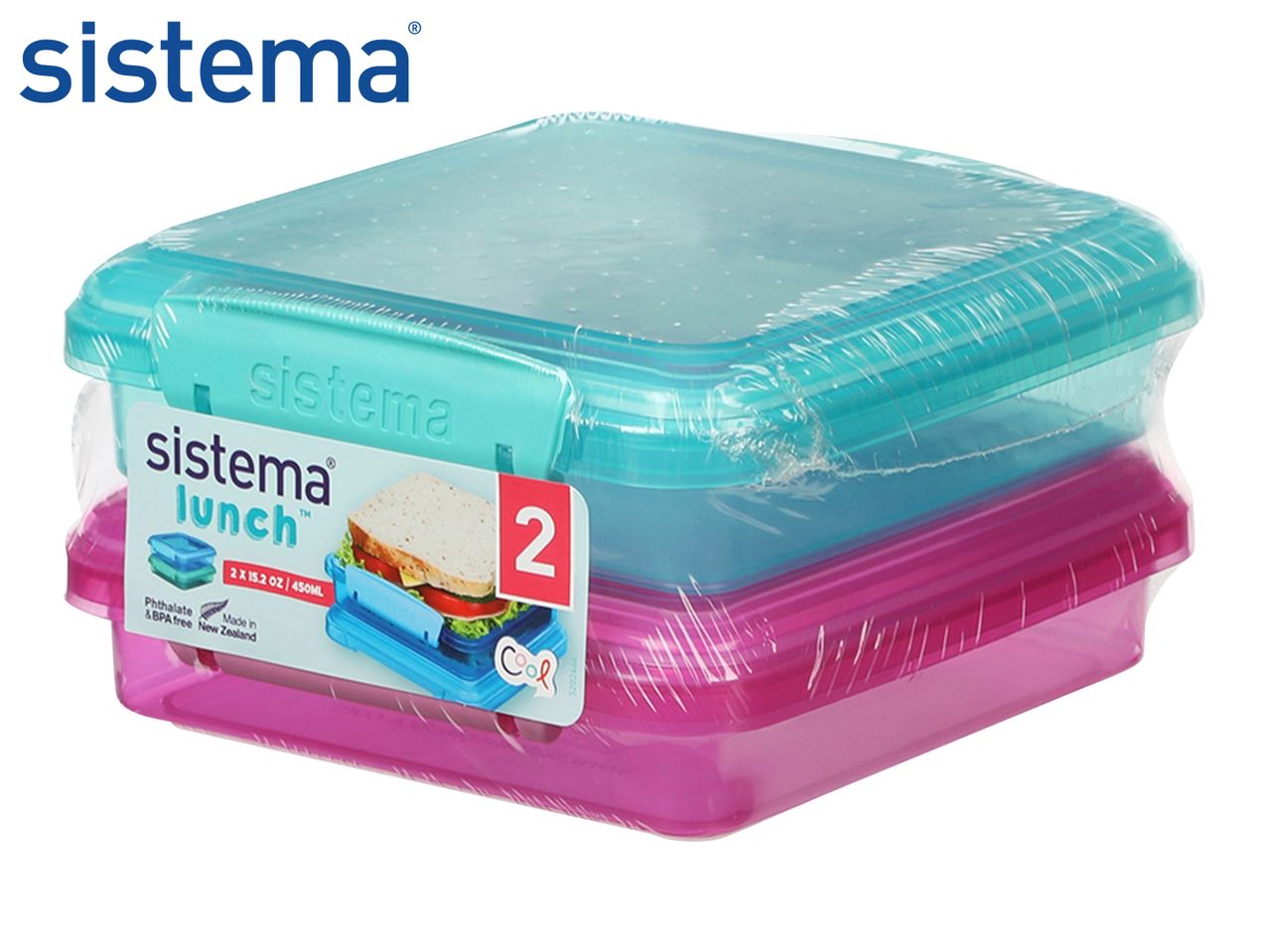 Two Sistema Lunch boxes, pink and teal.