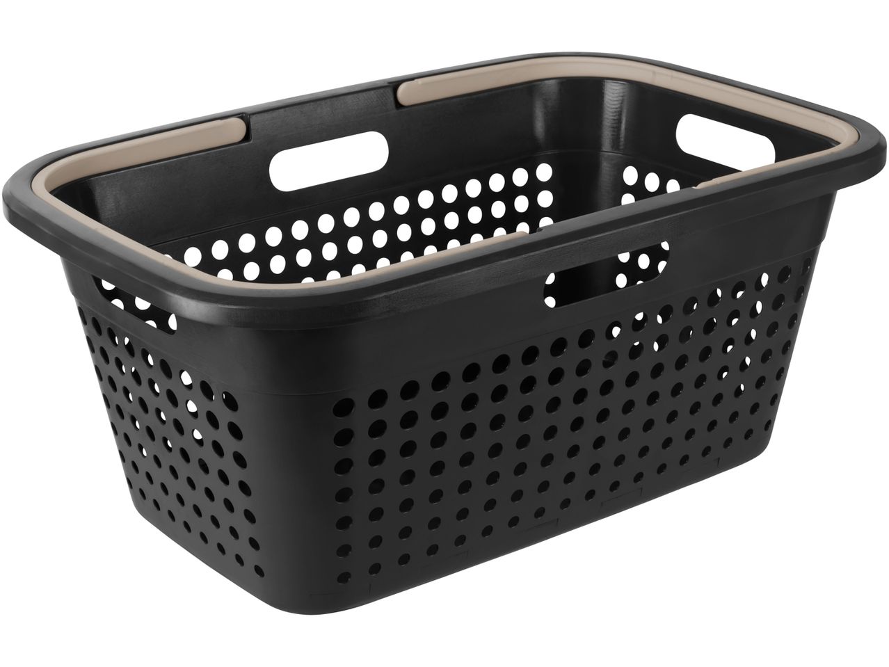 A black plastic laundry basket with gray handles.