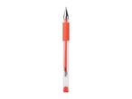 Red gel pen with a clear barrel and a silver tip, featuring a textured grip.