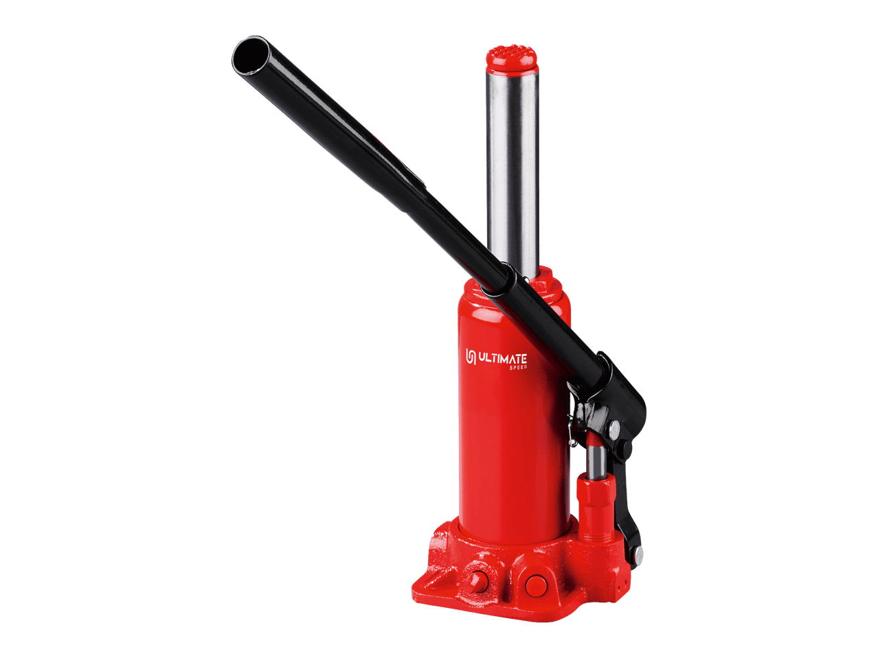 Punainen hydraulinen pullotunkki mustalla kahvalla.