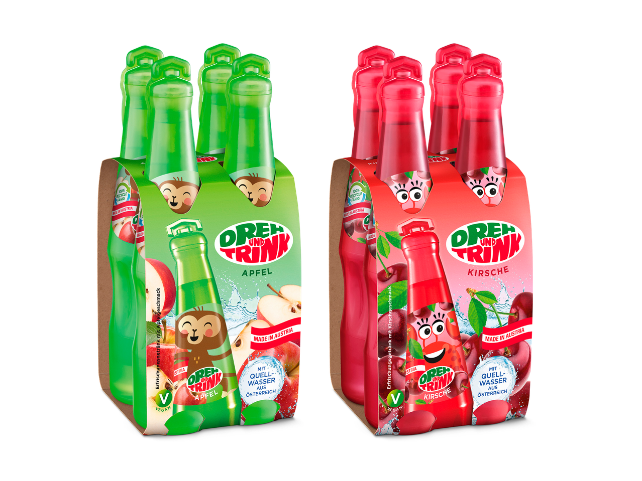 Zwei 6er-Packs Dreh und Trink Getränke, Apfel und Kirsche.