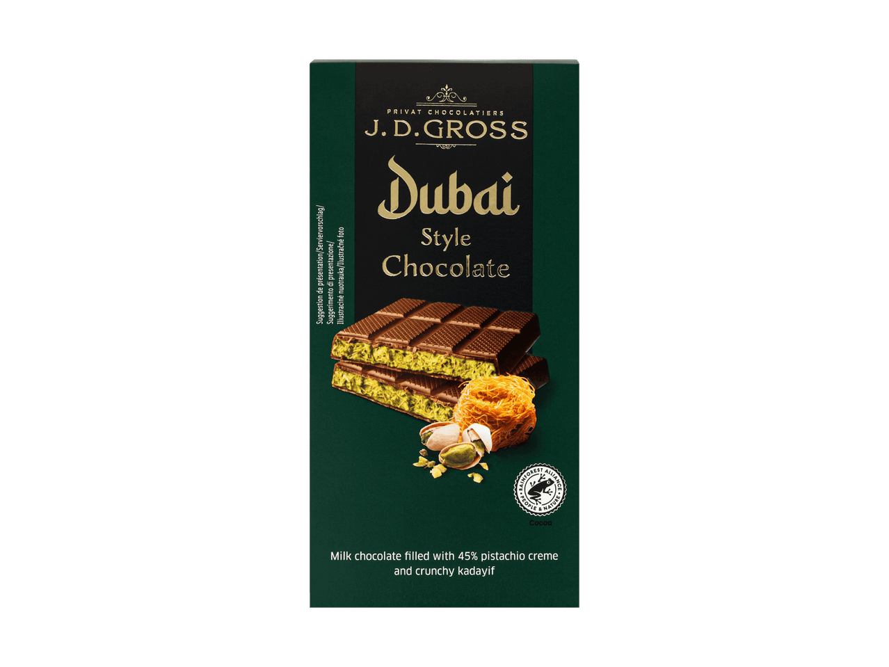 Chocolat au lait J.D. Gross Dubai Style avec crème de pistache et kadaif croustillant.