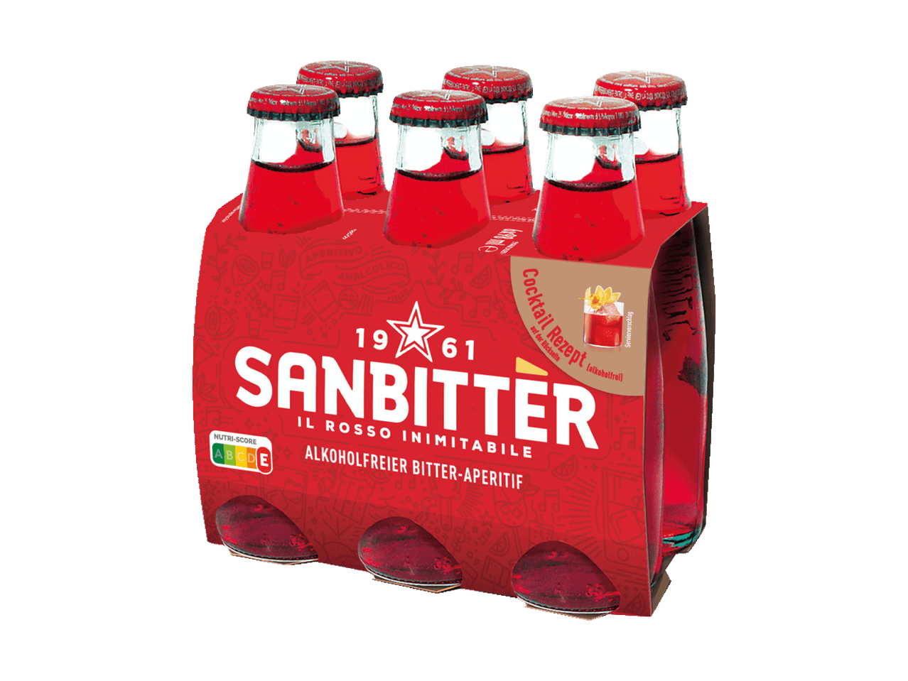 Sechserpack alkoholfreier Bitter-Aperitif in roten Flaschen mit Cocktailrezept und Nutri-Score.