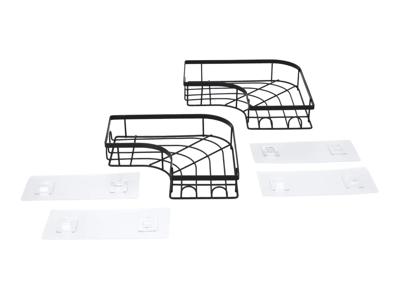Two black metal corner shower caddies with four adhesive hooks.