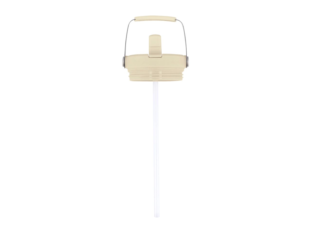 Cream-colored bottle lid with a straw and a metal handle on a white background.