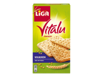 Een verpakking volkoren crackers met afbeeldingen van crackers en tarwe.