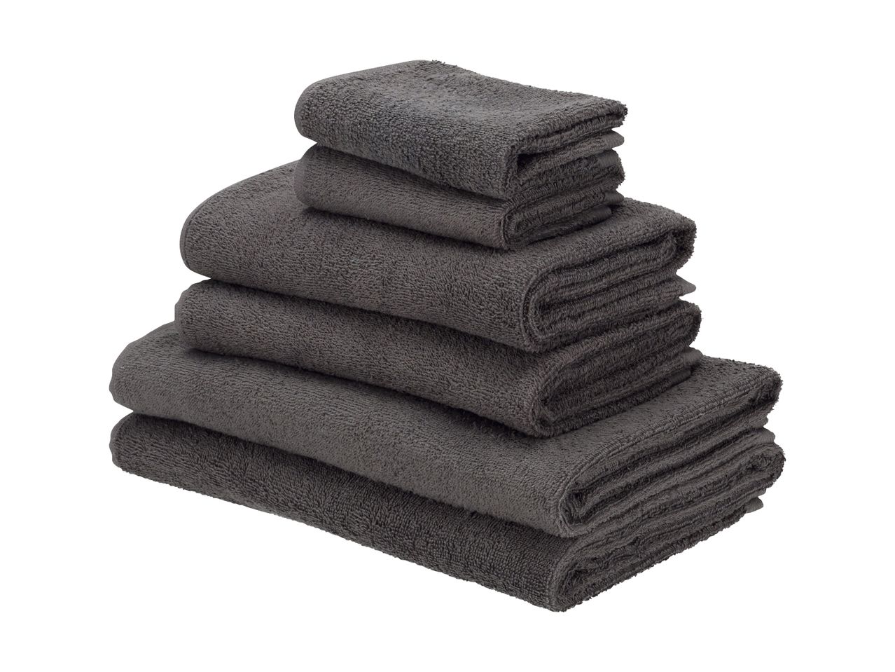 A stack of dark gray bath towels.