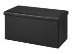 Black faux leather storage ottoman with a rectangular shape and padded lid.