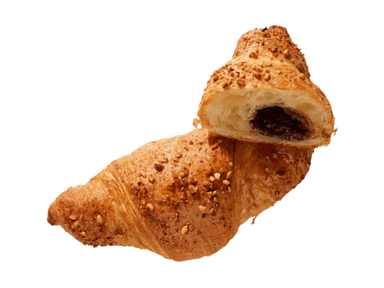 Schokoladen-Croissant mit Haselnussstückchen, eines halbiert.