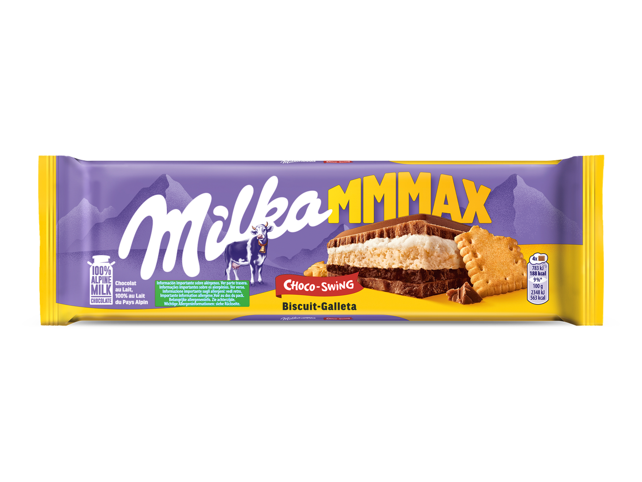 Paarse chocoladereep met koekjes en crèmevulling, met Alpenmelk en allergeneninformatie.