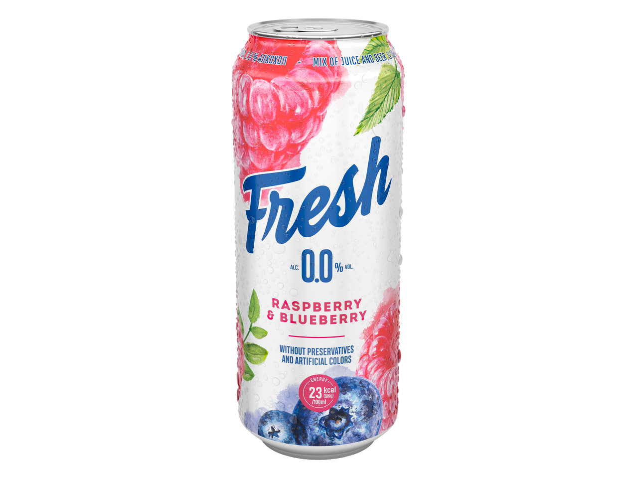 O doză de băutură Fresh 0.0% Zmeură & Afin, o băutură non-alcoolică.