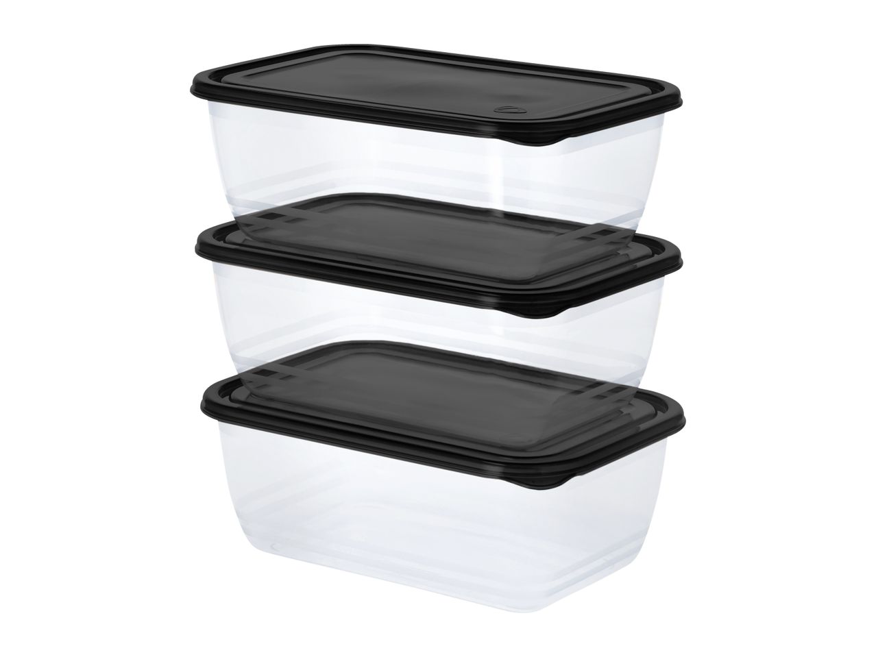 Three clear rectangular food storage containers with black lids, stacked vertically.