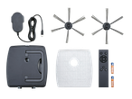 Robot vacuum cleaner accessories including charger, brushes, filter, remote, and batteries.