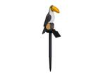 Toucan-shaped solar garden light with a black stake and a small solar panel.