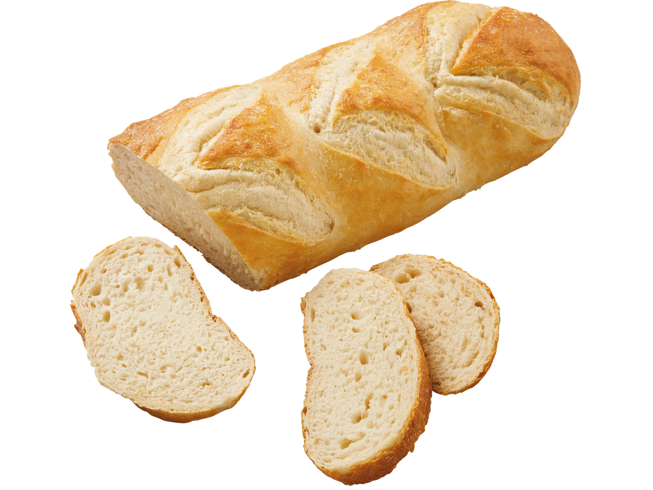 En baguette, delvis skuren i skivor, på svart bakgrund.