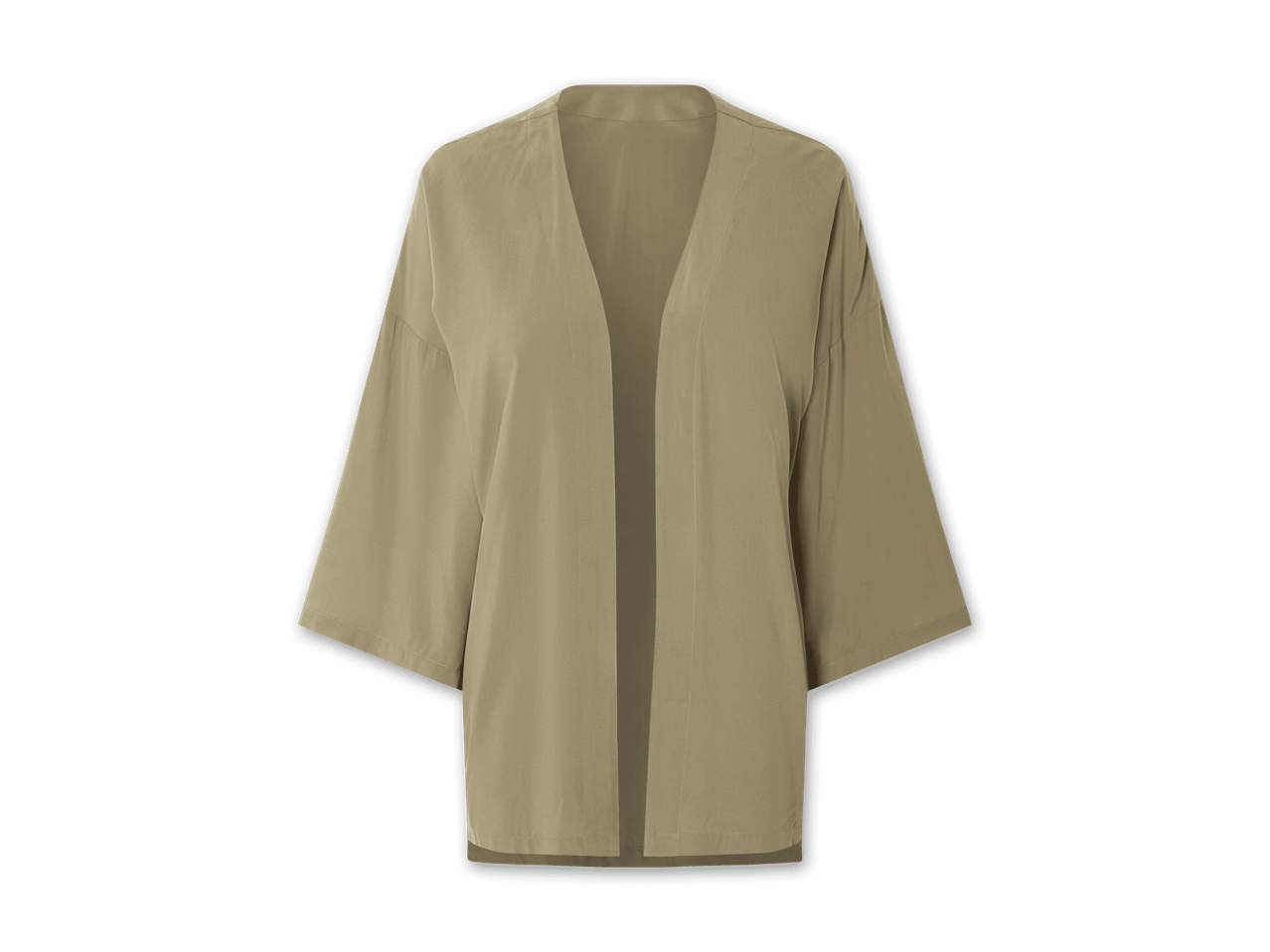 Ein beigefarbener Kimono-ähnlicher Cardigan mit dreiviertelärmeln.