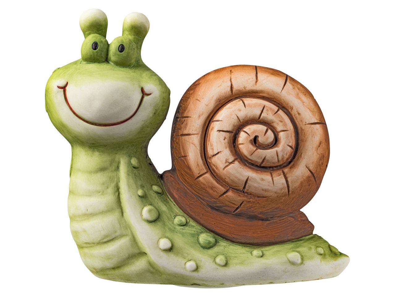 A smiling green snail for Garden Ornament with a brown shell.