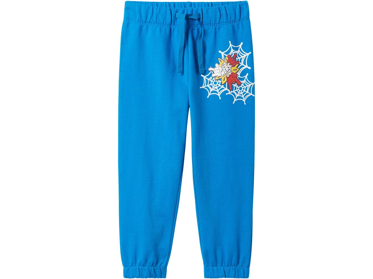 Blue sweatpants with a Spider-Man graphic on the left leg.