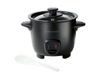 Panela de arroz Silvercrest com colher de arroz branca em fundo preto.