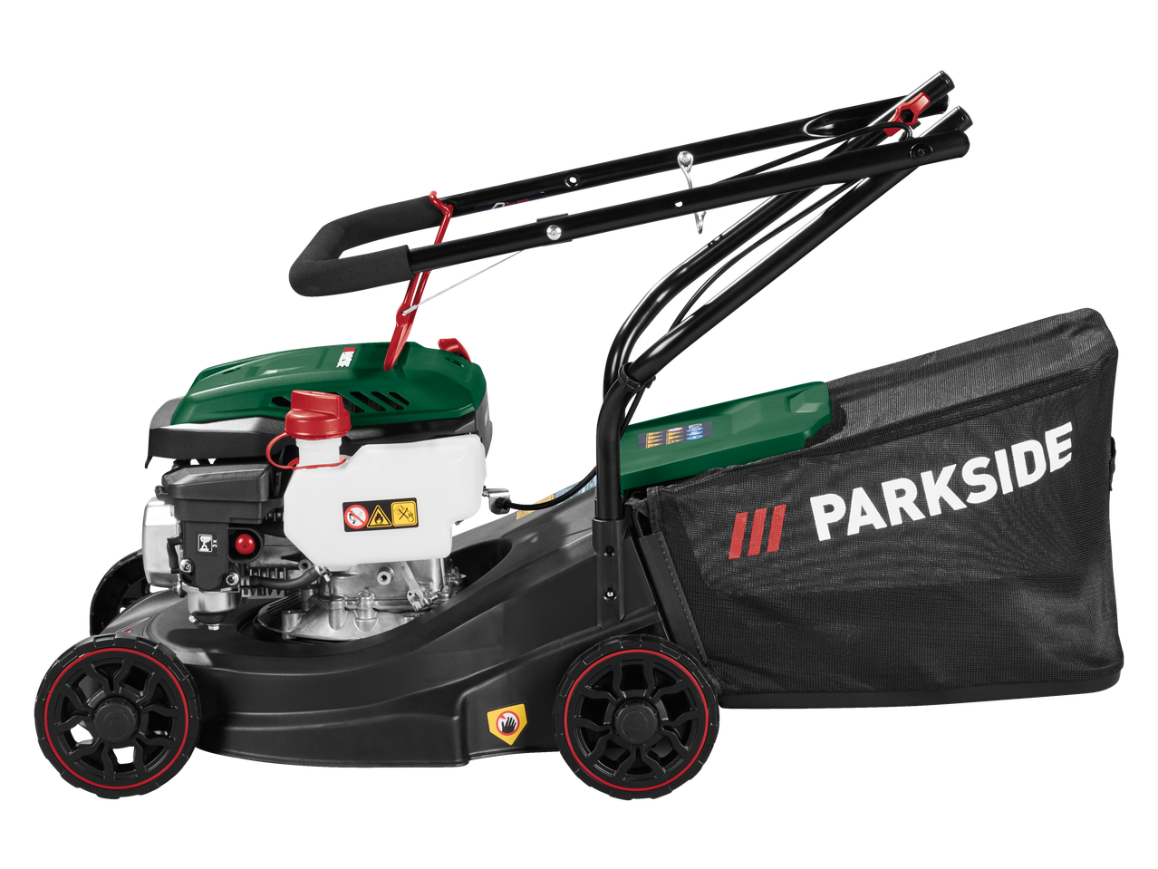 Benzinska kosilica PARKSIDE PBRM 39 E4 sa crnom korpom za travu i crvenim detaljima.