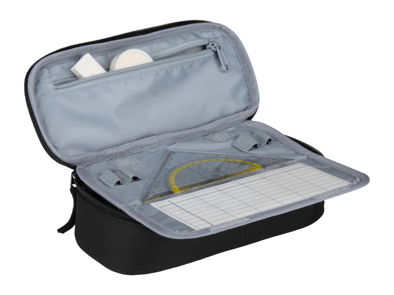 Open black pencil case with ruler, eraser, and other stationery.