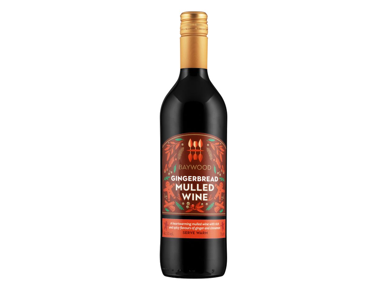 A bottle of Gingerbread Flavoured Mulled Wine containing 5% alcohol volume. 