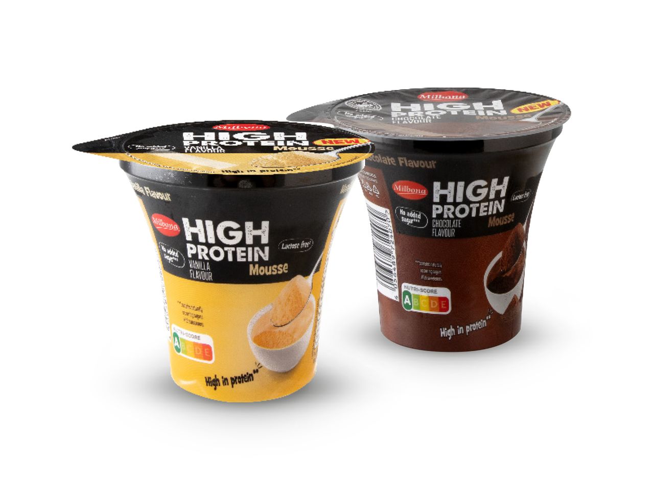 Dva pakiranja visokoproteinskog moussea, vanilija i čokolada.