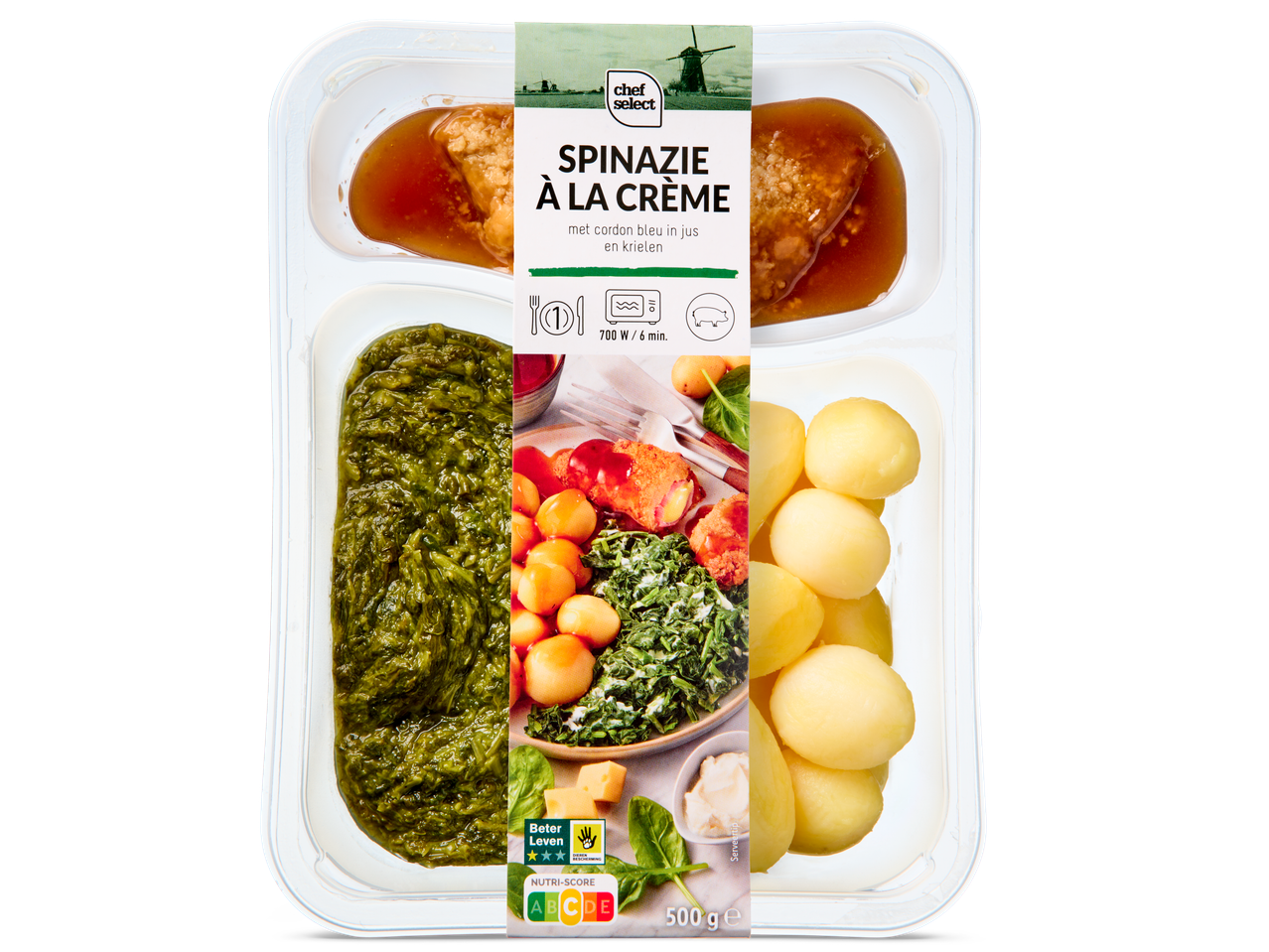 Chef Select: roomse spinazie, cordon bleu en aardappelen.