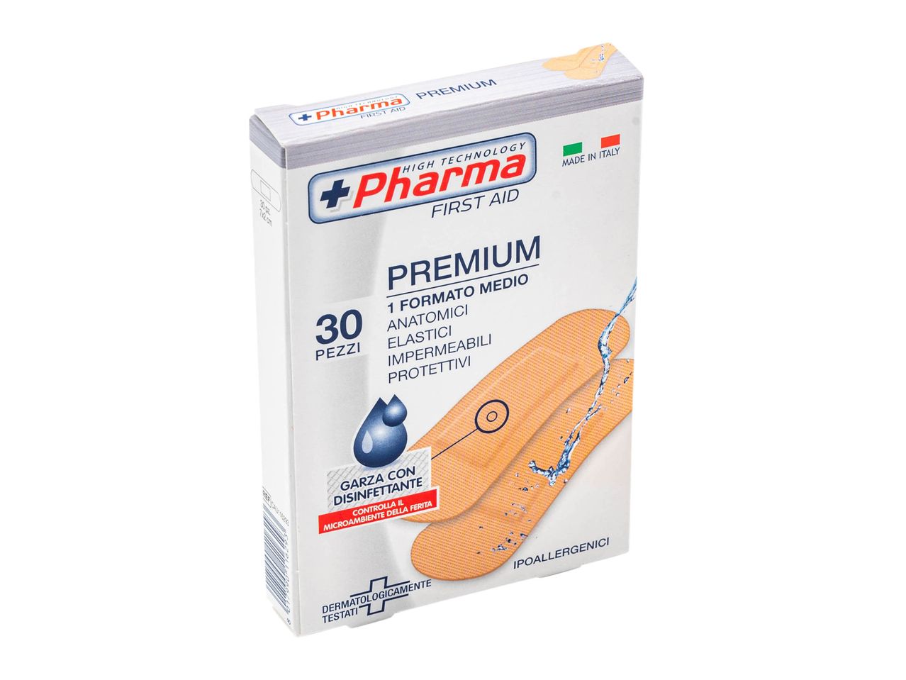 Confezione di cerotti +Pharma Premium con 30 pezzi, anatomici, elastici, impermeabili e protettivi.
