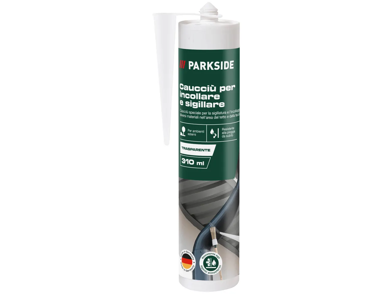 Un tubo di sigillante trasparente Parkside per incollare e sigillare, resistente alle intemperie.