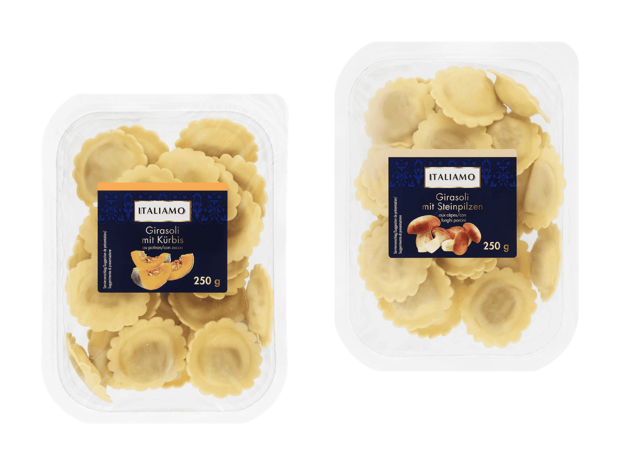 Zwei Packungen frische Pasta, eine mit Kürbisfüllung und eine mit Steinpilzfüllung.