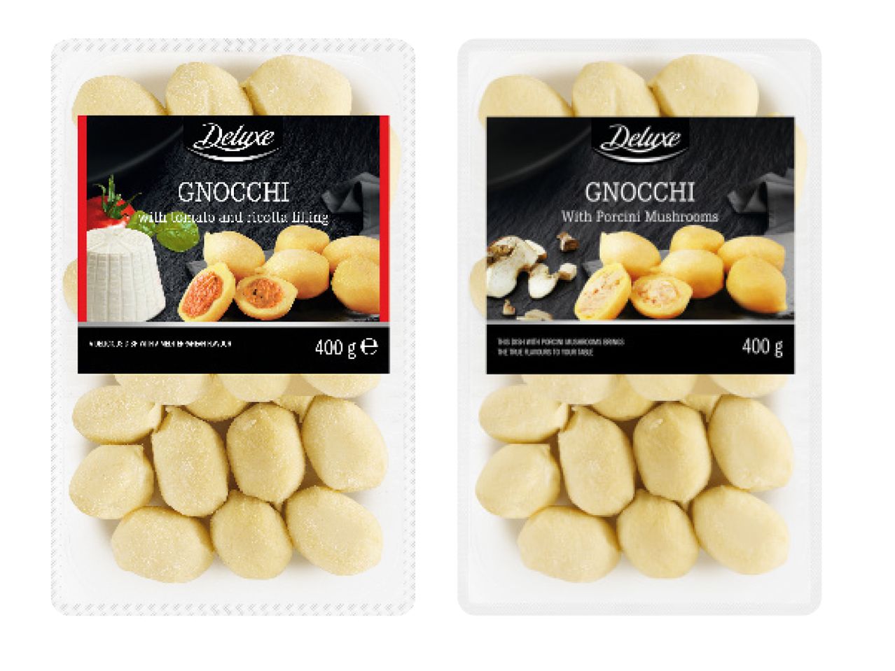 Divi Deluxe gnocchi iepakojumi: ar tomātu un rikotu, un ar baravikām.
