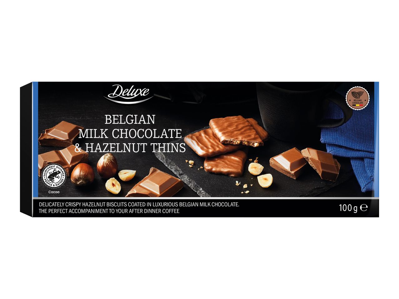 Deluxe Belgian Milk Chocolate & Hazelnut Thins, 100g box.