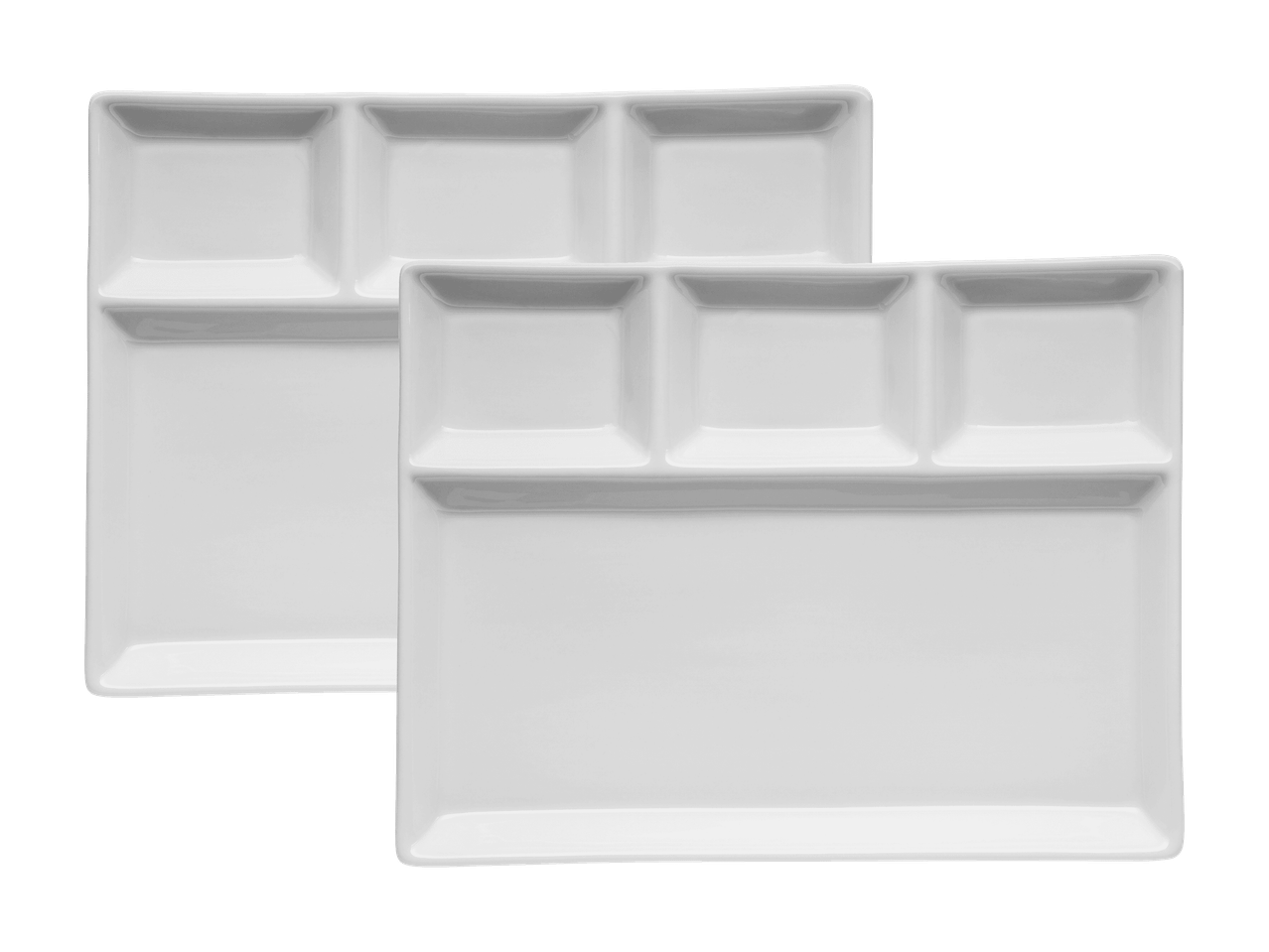 Zwei weiße, rechteckige Servierplatten mit drei Fächern oben und einem großen Fach unten.