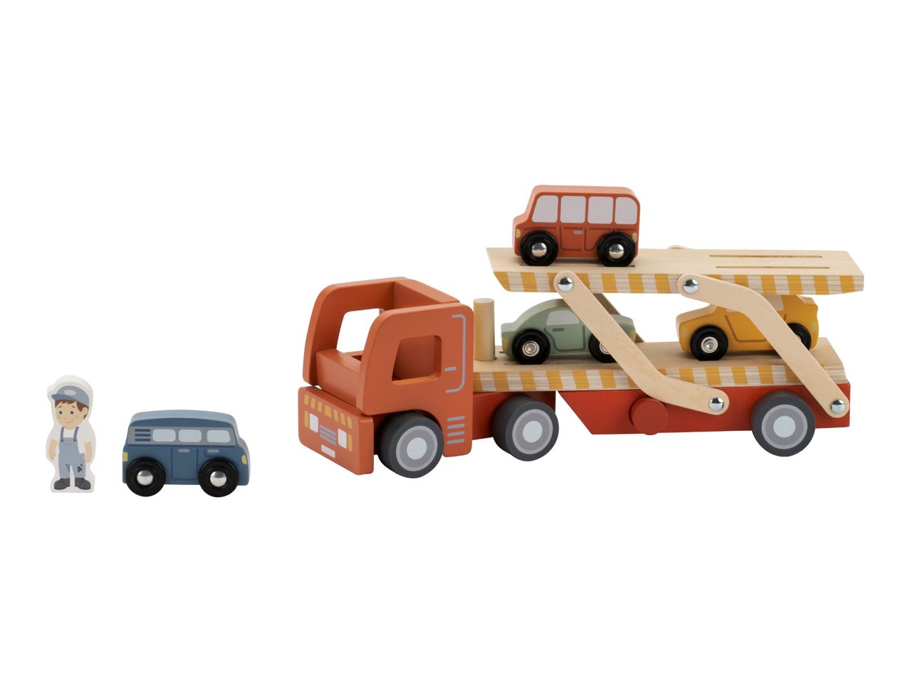 Wooden toy car transporter with three cars, a blue van, and a figure of a man.