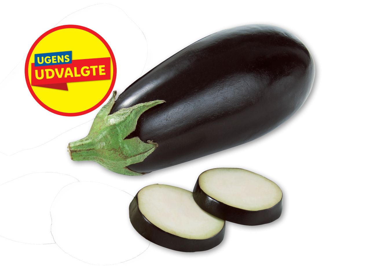 En stor aubergine med to skiver, SuperValu-logoet i baggrunden.