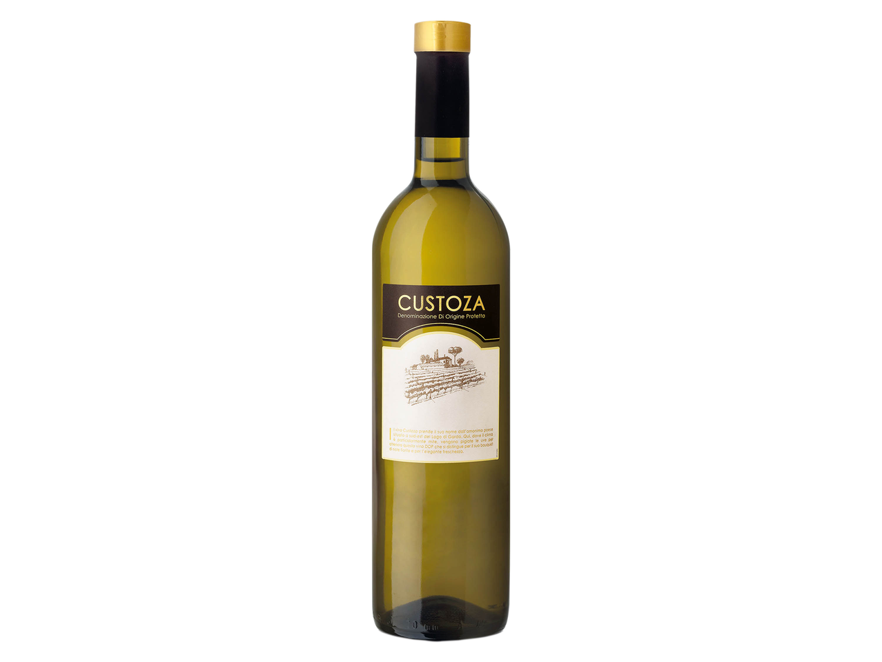 Una bottiglia di vino bianco Custoza con un'etichetta nera e oro su sfondo nero.