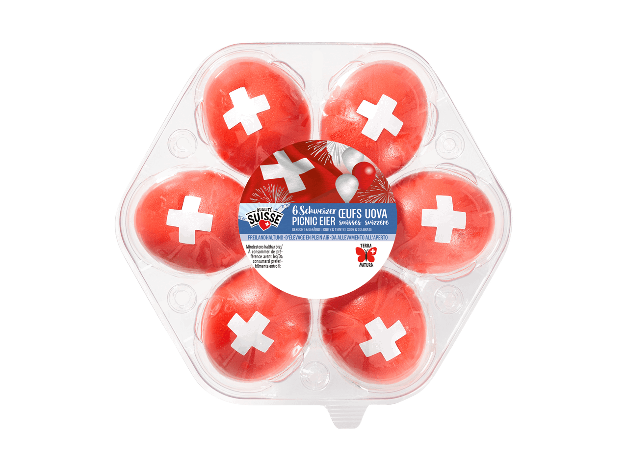 Six œufs de Pâques rouges avec une croix suisse dans un emballage transparent.