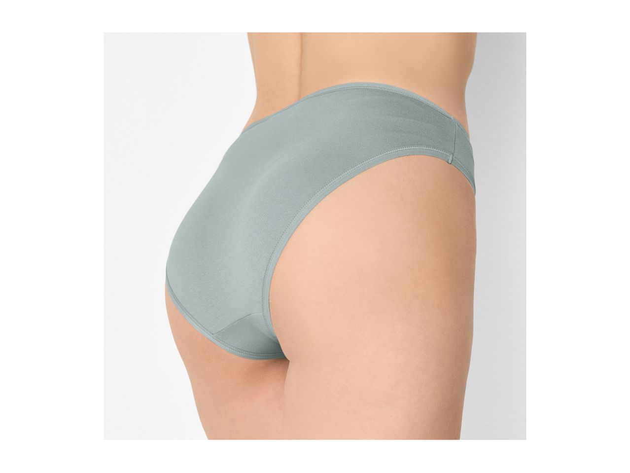 Rear view of a woman wearing light blue high-waisted briefs.
