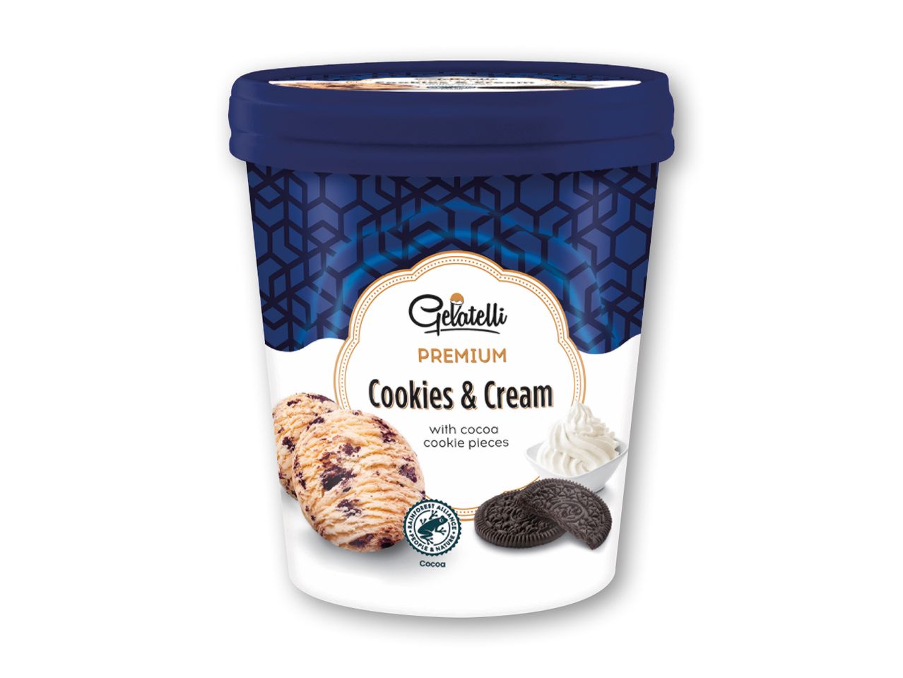 Gelatelli Premium Cookies & Cream isbøtte med kakaokiks.