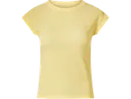 Sárga, rövid ujjú női póló, kreppelt anyagból.