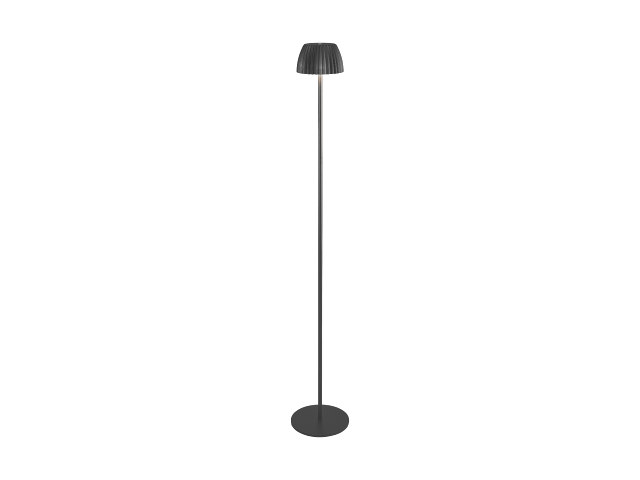 Sort gulvlampe med plisseret skærm og rund fod.