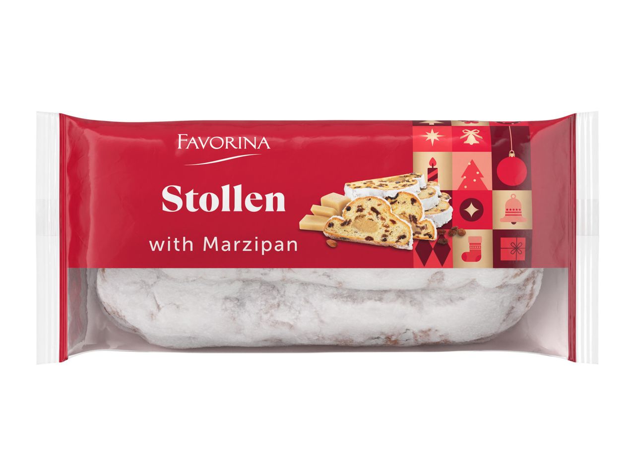 Stollen with marzipan in festive red packaging