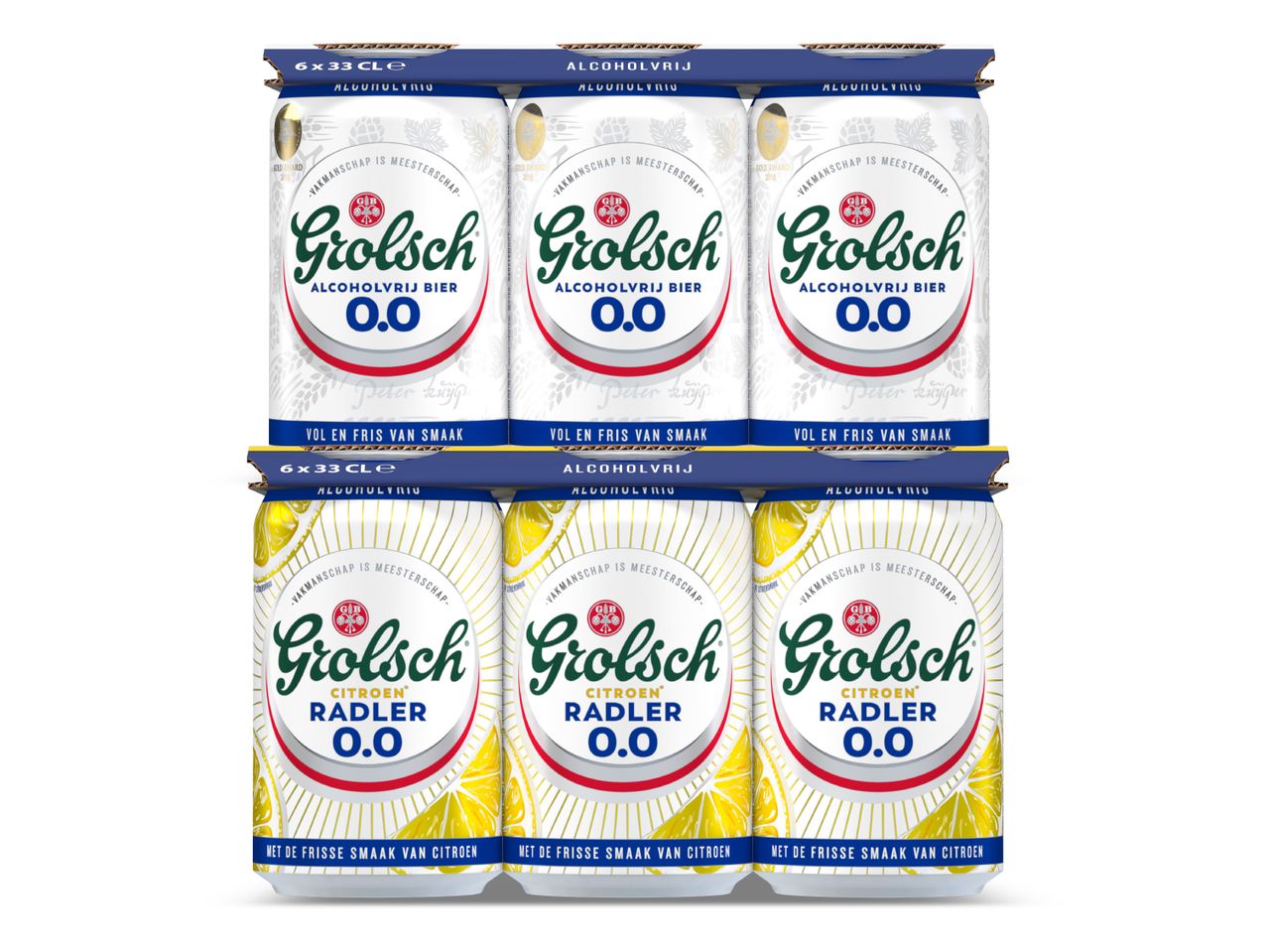 Twee 6-packs Grolsch 0.0% alcoholvrij bier, waarvan één citroen radler.