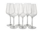 Set of six clear wine glasses.