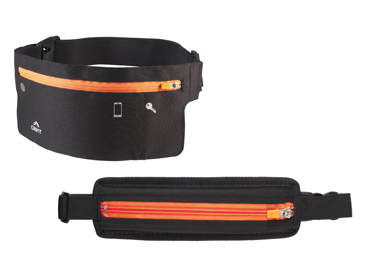 Črna tekaška torbica z oranžno zadrgo in simboli za telefon in ključ.